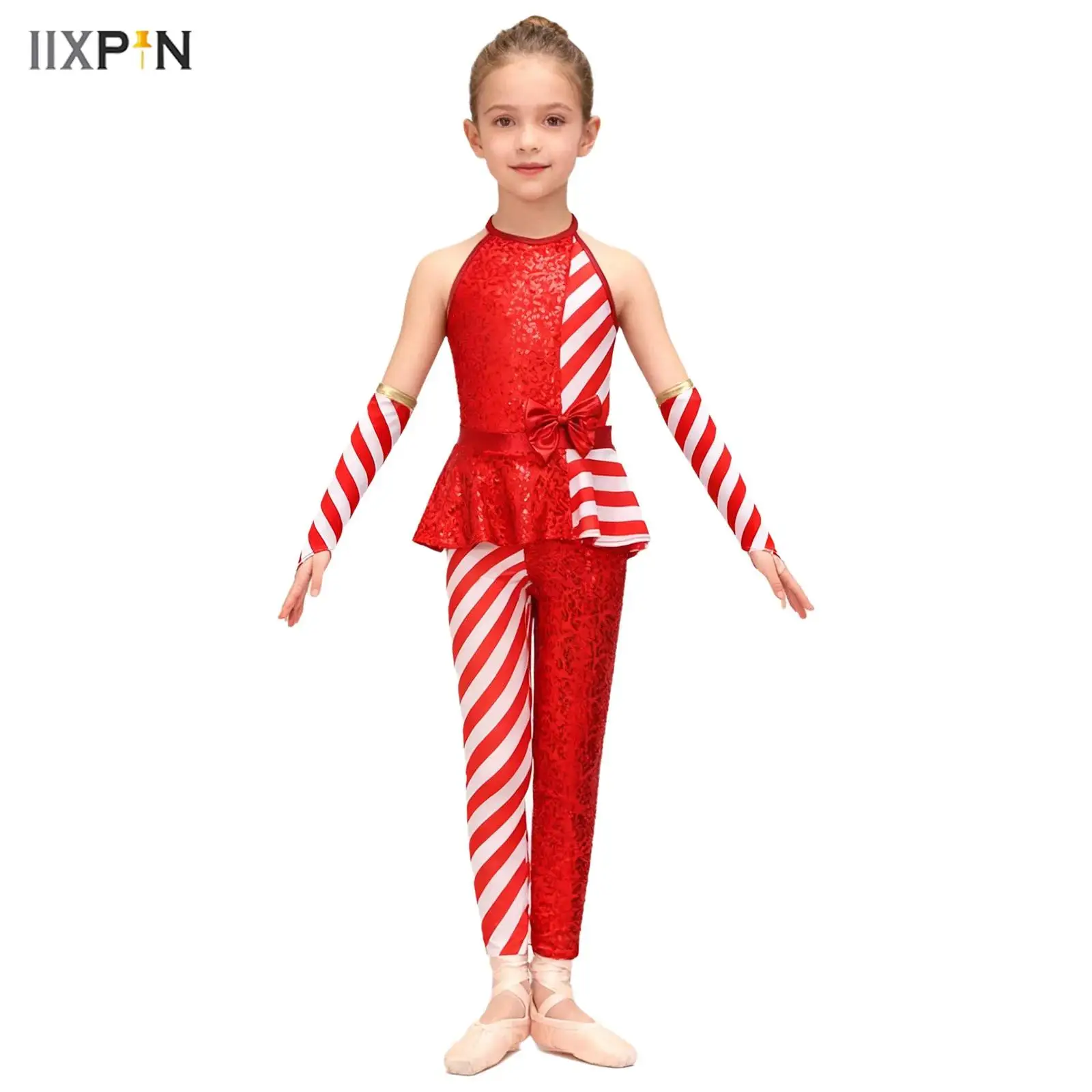 

Girls Christmas Candy Cane Costume Outfit Sleeveless Striped Sequins Peplum Waist Jumpsuit + Oversleeves for Halloween Cosplay