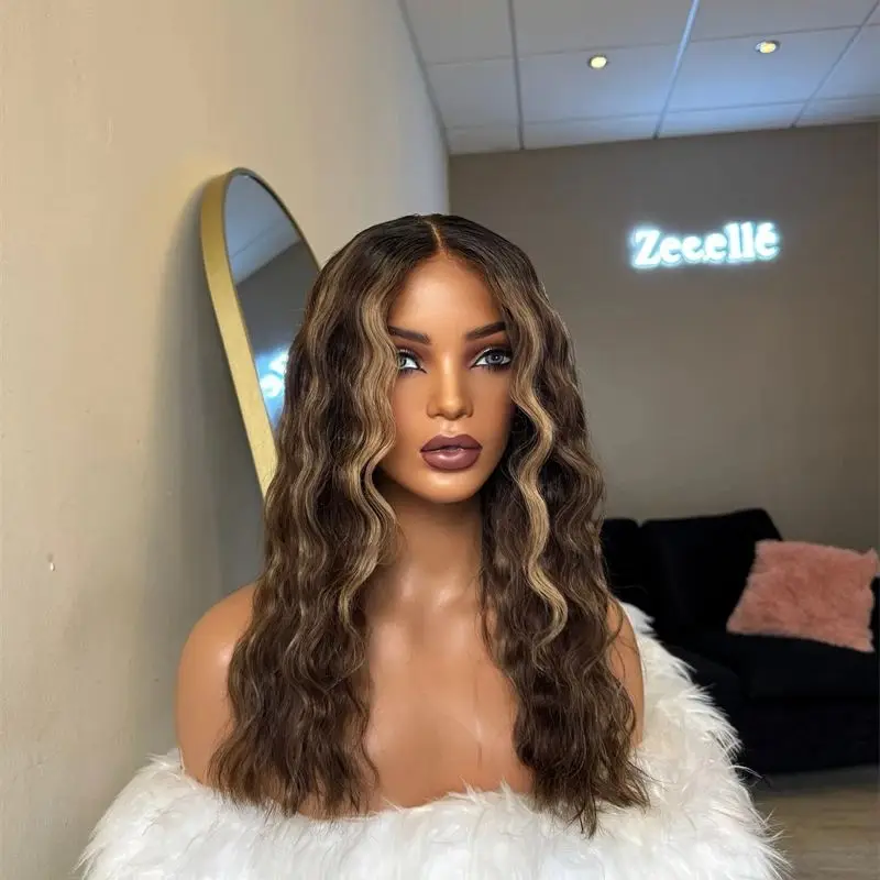 Parrucche per feste quotidiane cosplay Ombre marrone scuro con strisce biondo miele Parrucca anteriore in pizzo sintetico HD Parrucche sintetiche in miscela di capelli umani