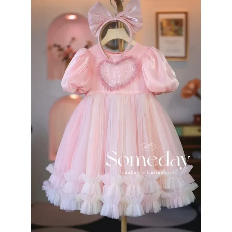 Kids Dress 2024 Spring and Summer Girls Party Dress Pink Princess Toddler Girl Dress 3-8 T New Short sleeves Cotto