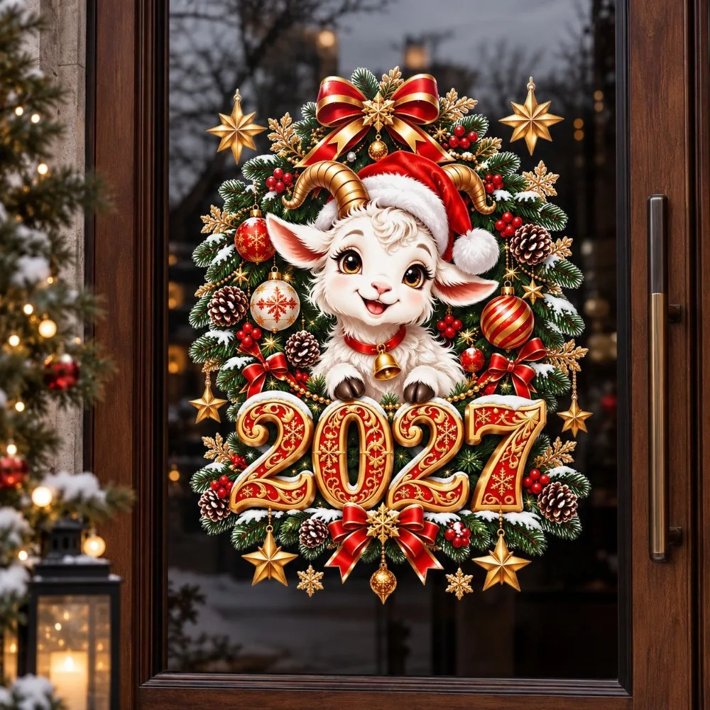 2027 Happy New Year Decoration Sheep Window Decals Christmas Window Stickers Shopping Mall Showcase Christmas Festive Decor
