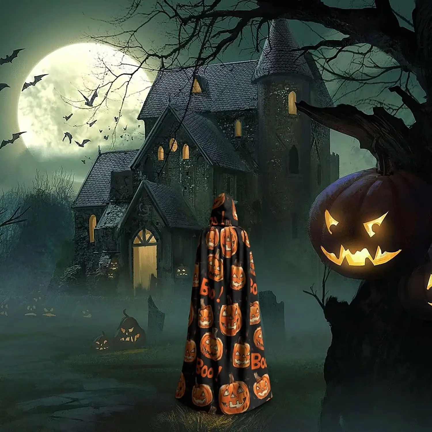 Halloween Costumes Cloak with Hood Halloween Cape Party Cosplay Hooded Pumpkin Star Ghost Bat Robe for Men Women view 4