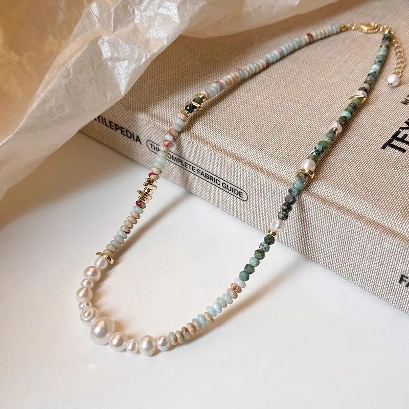 

New Arrival Trendy Mixed Color Natural Stone & Freshwater Pearl 14K Gold Filled Ladies Beads Chain Necklace Jewelry Gift No Fade