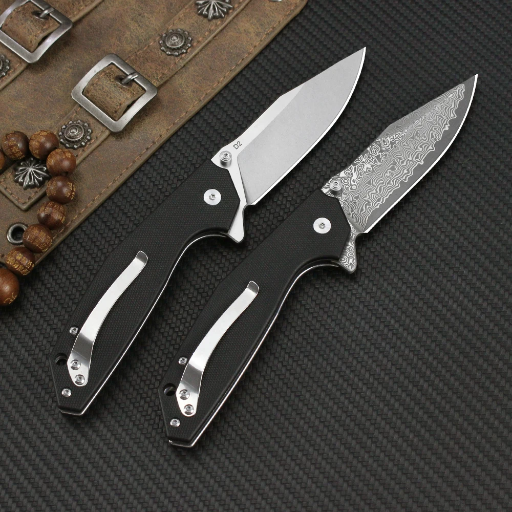 Tunafire Folding Knife Damascus D2 Steel Carry Pocket Knife Defense Sharp Outdoor Knives Camping Portable Fruit Knife,As Gift