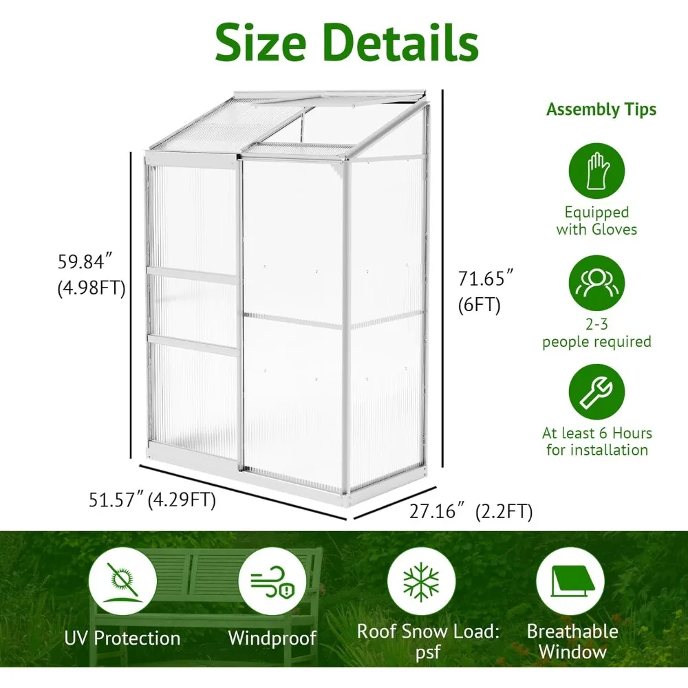 4x2ft Lean-to Polycarbonate Greenhouse, Small Walk-in Greenhouse, with Adjustable Roof Vent, Rain Gutter, Outdoor Greenhouse