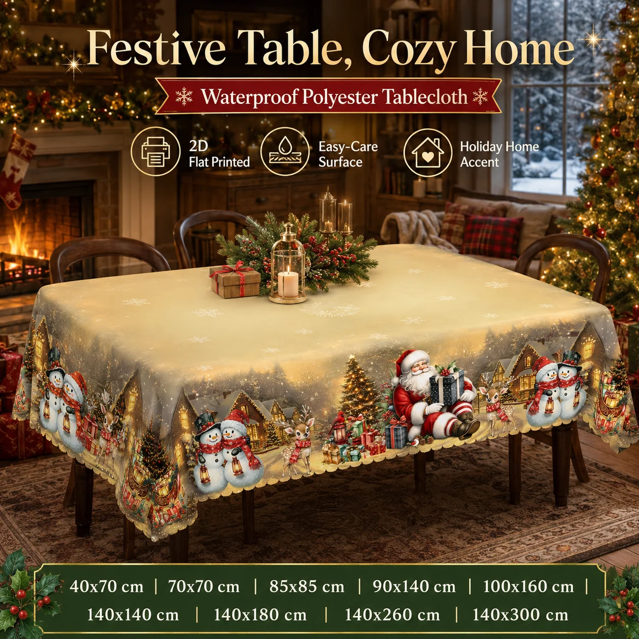

Festive Christmas Table Cover 2D Flat Printed Waterproof Polyester Tablecloth Easy Care For Home Kitchen Holiday Party