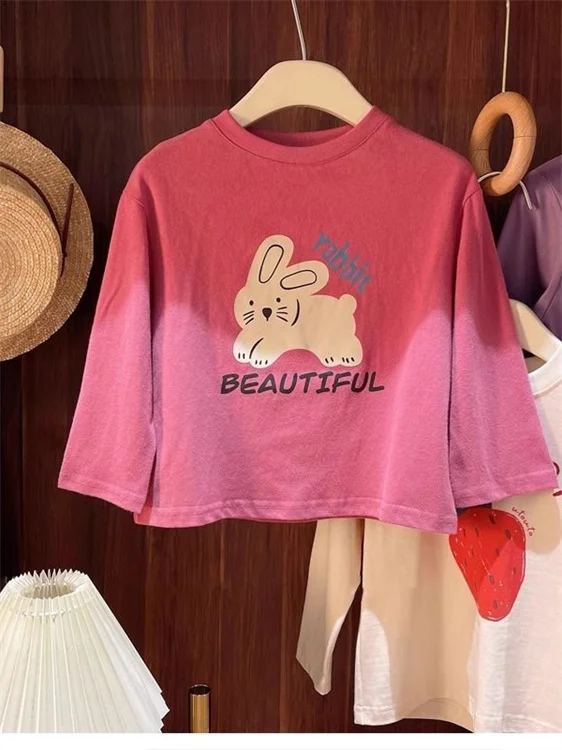 Modieus lang T-shirt met cartoonprint voor babymeisjes, herfst nieuw, Koreaanse stijl, basic shirt met print, dames zijden top