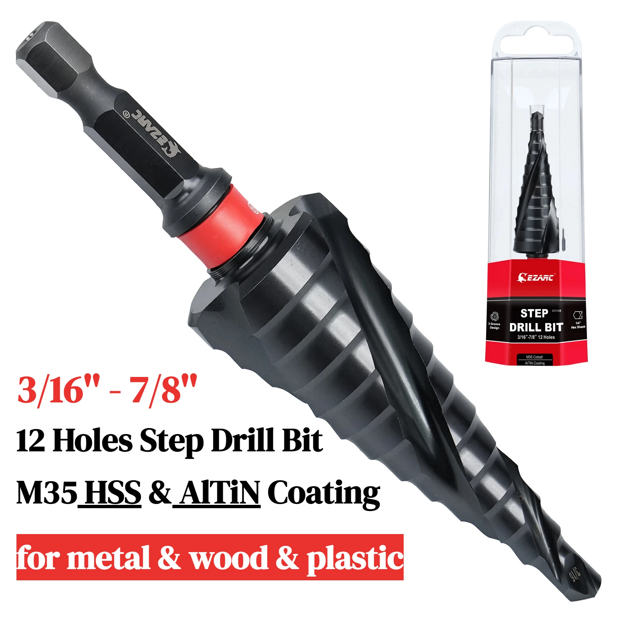 

EZARC M35 HSS Cobalt AlTiN Coated Step Drill Bit for Metal, 1/4" Hex Shank Spiral Flute Unibit Step Drill Bit 3/16''-7/8''