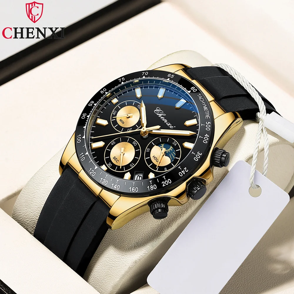 CHENXI 958G Luxury Men Silicone Strap Moon Phase Waterproof Watches for Man Fashion Casual Sports Chronograph Watch Free Ship