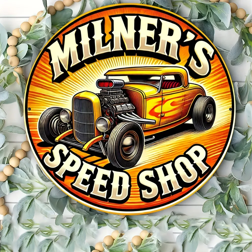 2D Flat Vintage "Milner's Speed Shop" Hot Rod Metal Sign, Retro Classic Car Garage Tin Sign, Rustic Automotive Wall Art, America