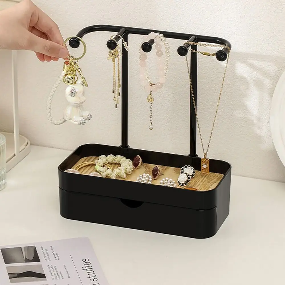 Portable Jewelry Display Rack with Drawer Box Earrings Necklaces Desktop Storage Box Photography Props with Wooden Base