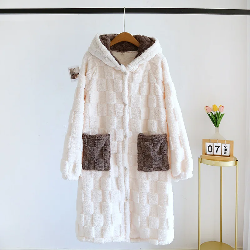 Coral Velvet Couple Robe Pajamas Women Winter Sleepwear Long Nightgown Dresses Loungwear Thickened Flannel Hooded Plush Homewear