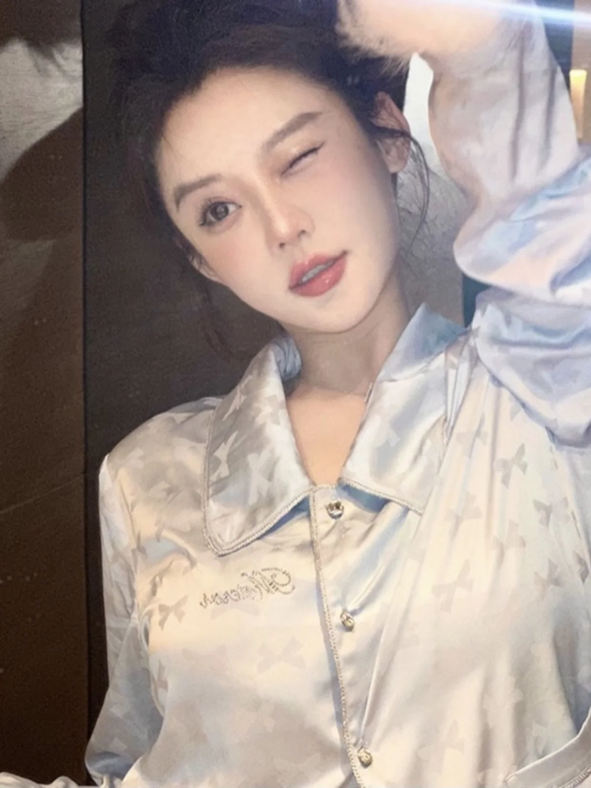 Korean Version of The Original Sweet Girl High-end Satin Streamer Feather Sleeve Pajamas Long-sleeved Lapel Loungewear Set