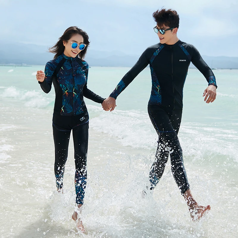 Long Sleeve Rash Guard Women Patchwork 5 Pieces Swimsuit Zipper Swimwear Bathing Suits Surfing Pad Long Pant Couples Men 3 Piece