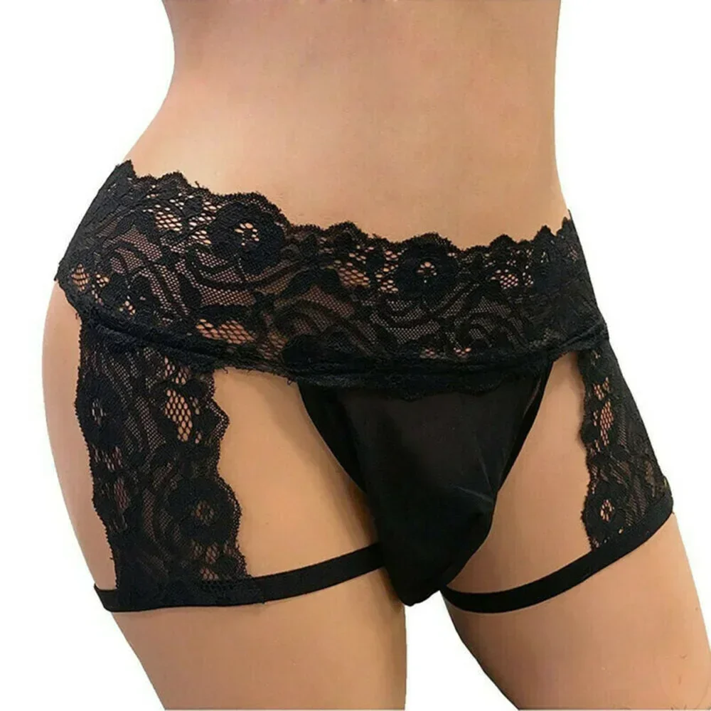 Men's Sexy Sissy Underwear Lace Thongs Enhance Pouch Bikini Briefs Underpants  Men's Underwear Sexy  Lace Three-point Leather