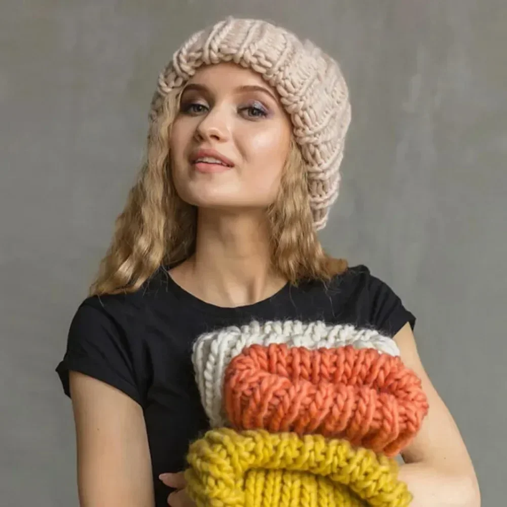 2024 Women Winter Knitted Beanies Hat Thick Soft Warm Coarse Large Knitted Solid Hat Female Bonnet Skullies Beanies Hat