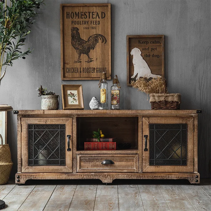 

Premium American style solid wood distressed floor standing cabinet for storage, retro industrial style glass low cabinet