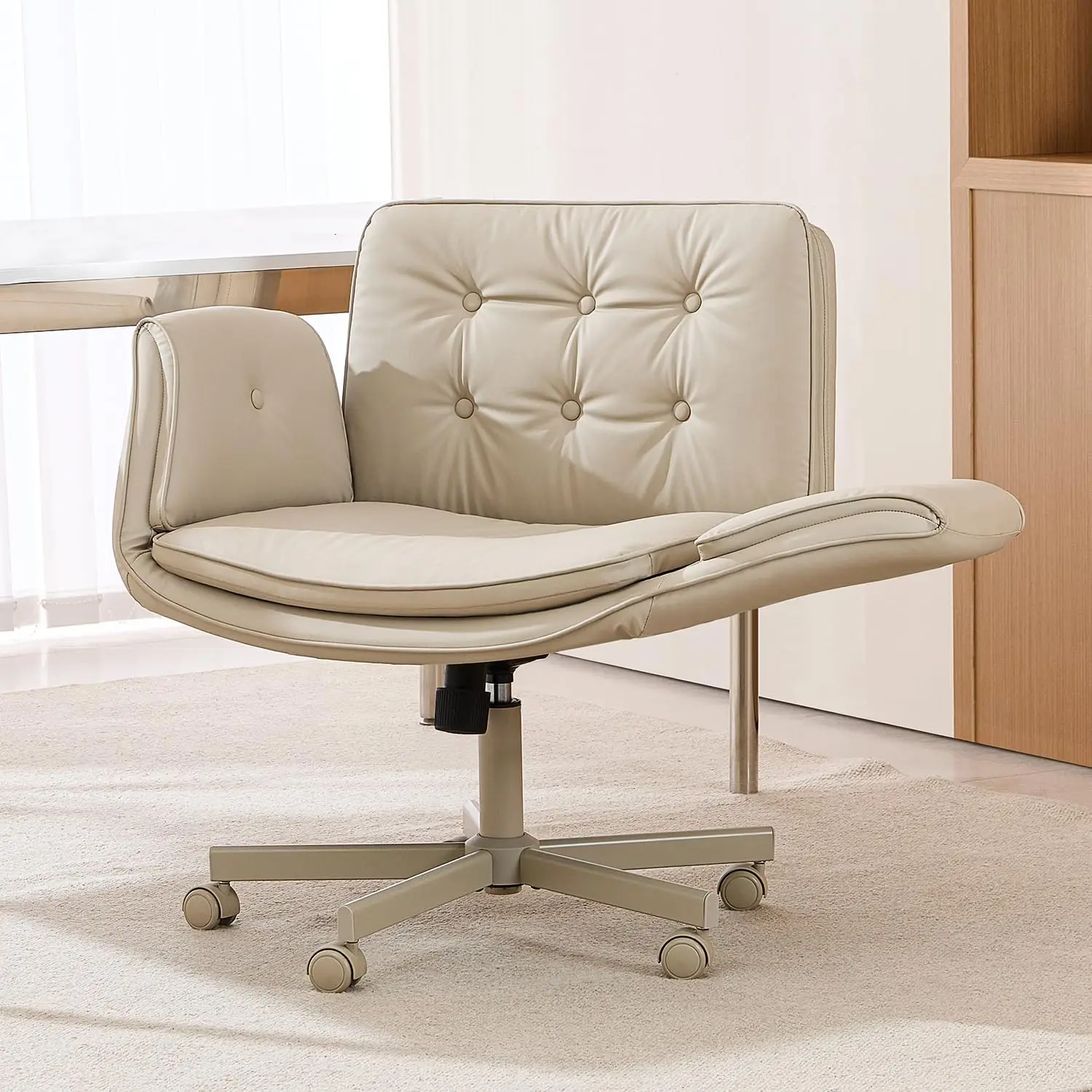 Criss Cross Office Chair Wide PU Leather Swivel Makeup Vanity Chair With Wheels Adjustable Armrests Desk Chair Ergonomic Computer Chair For Home Office Bedroom Desk White 1 Pack