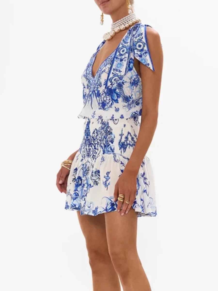 

Ribbon Shoulder Women Blue Print Set Heavy Beaded V-Neck Sleeveless Vest + Elastic Waist A-Line Mini Skirt Suit