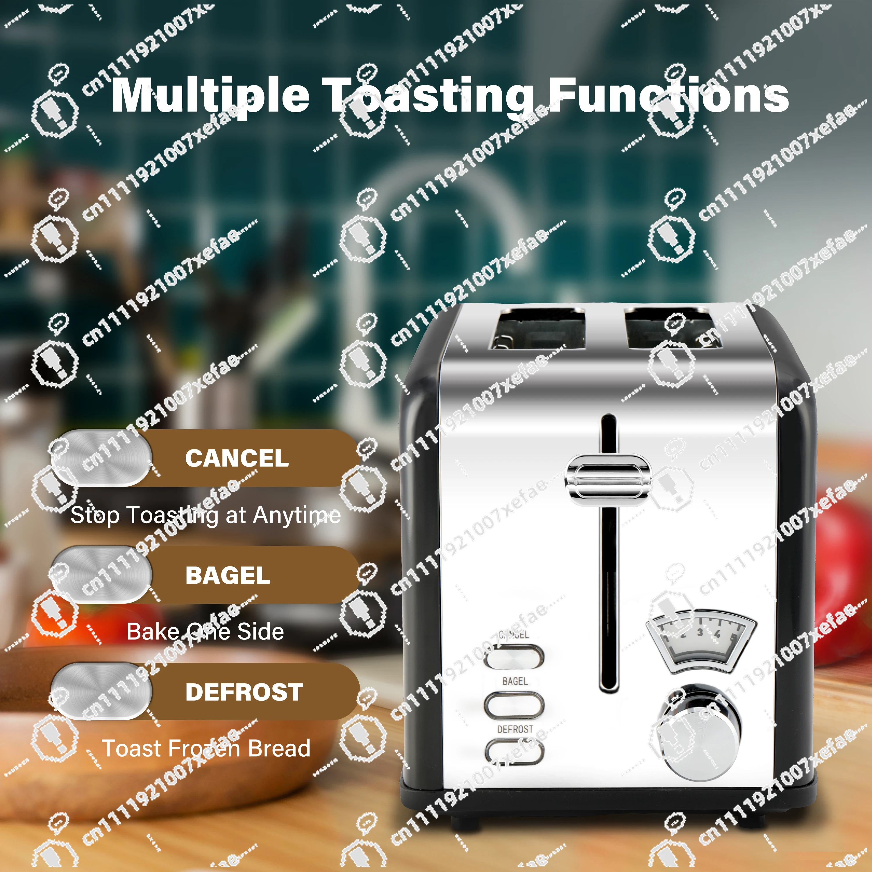 4-Piece electric toaster with 1.5-inch wide slot, 5 baking color settings, 3 functions, stainless steel, 1200W,