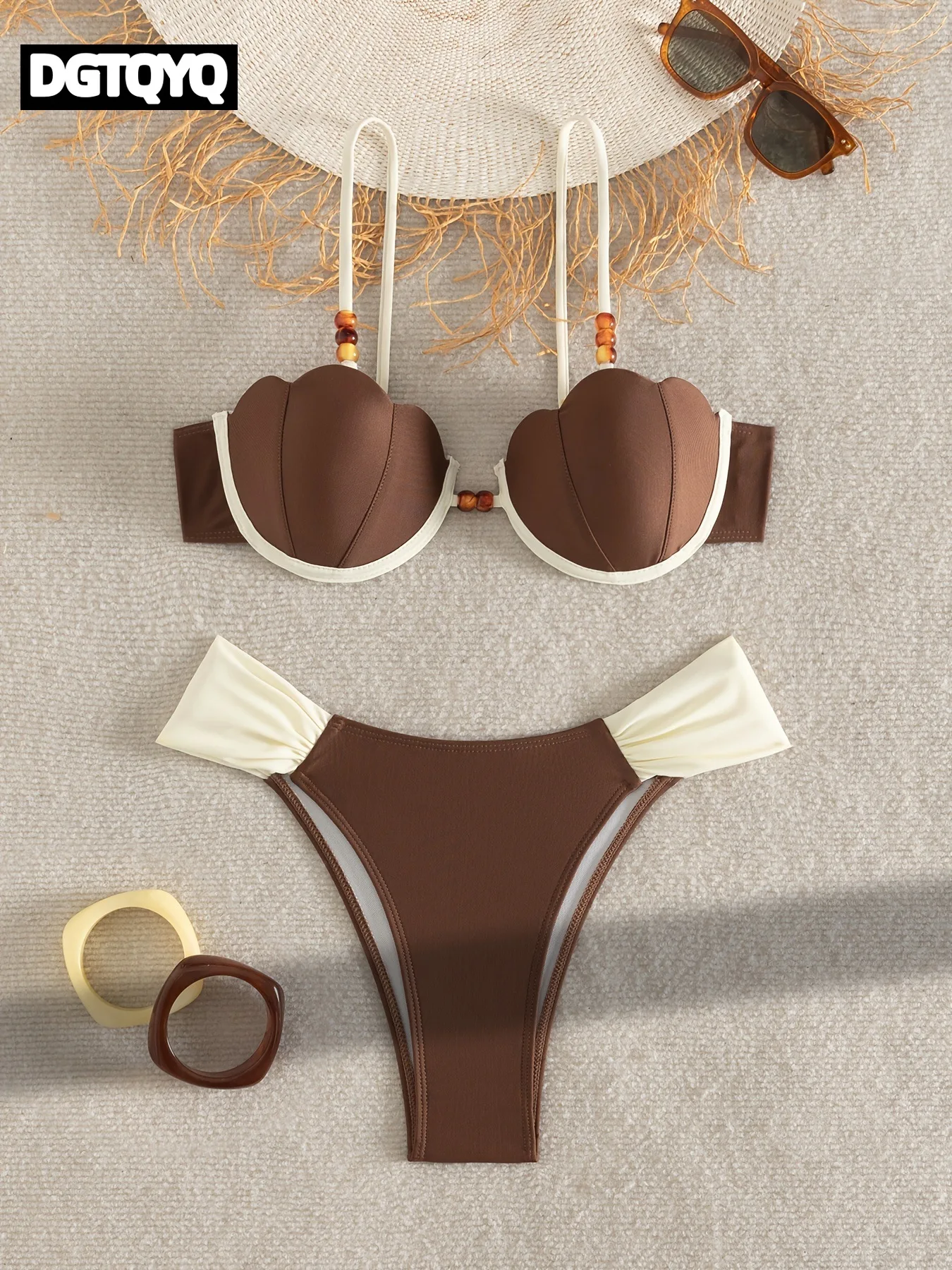 Sexy Coffee Contrast Ruffles Thong Bikini Set Women Hollow Out Push Up Underwire Bra Swimwear 2026 Summer Bathing Suit Swimsuit