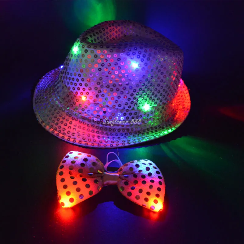 Woman Men LED Light  Sequin Jazz Hat Cap Bow  Tie Glasses Glow Rave Party Bar Parade  Costume       Wedding Festival