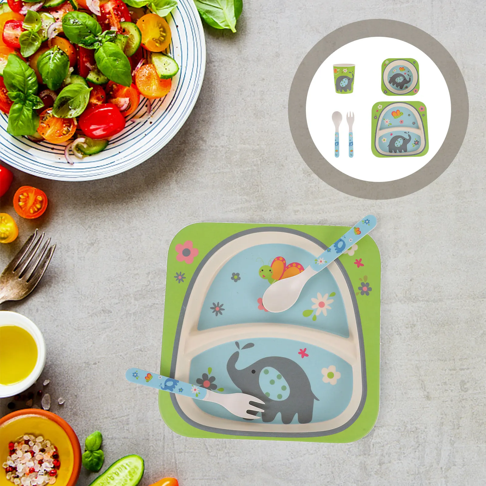 

5Pcs Bamboo Kids Dining Set for Toddlers Eco Friendly Wooden Tableware Set with Cartoon Design Children Feeding