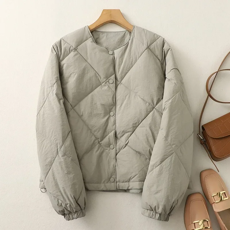 

Women's Winter Rhombus Lightweight Short Warm Cotton Coat Commute Loose Fashion Round Neck Single Breasted Solid Women Clothing