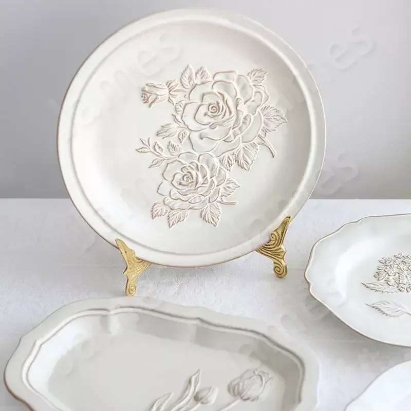 Vintage Style Dinner Plate Tulip Relief Ceramic Plates Steak Pasta Dishes Cake Dessert Salad Tableware Set Household Use Plates