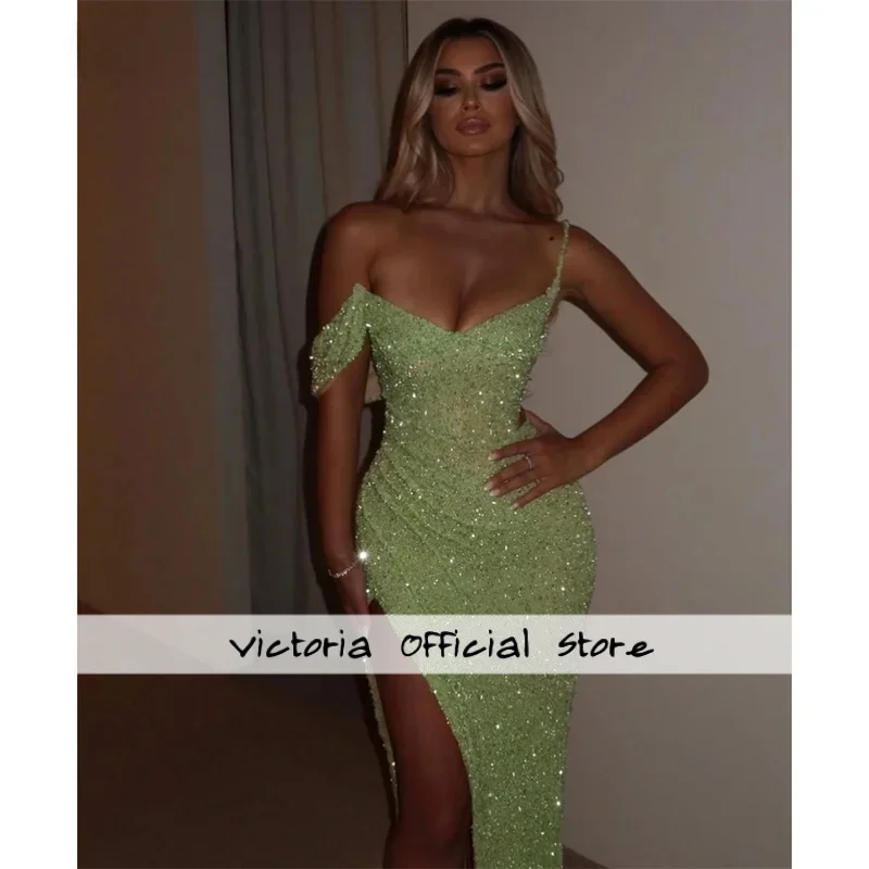 

Customized Shiny Green Sheath Sexy Prom Dresses Off The Shouldesr Side High Split vestidos de noche Floor-Length Formal