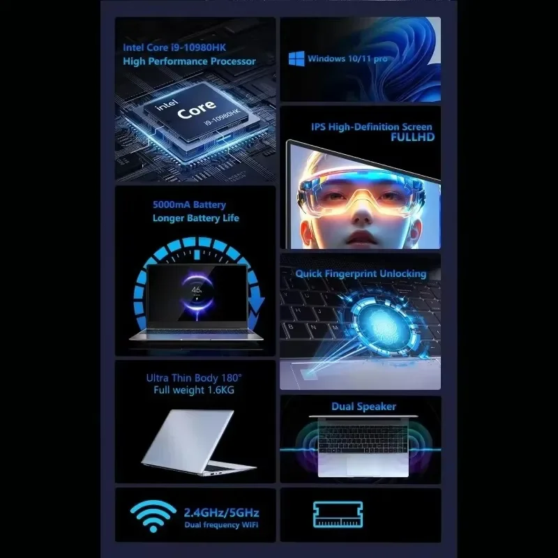 New Intel Core i9-10980HK 15.6 Inch Laptop 16GB/32GB RAM M.2 1TB 2TB SSD Ultrabook Computer Fingerprint Unlock WIFI Fast
