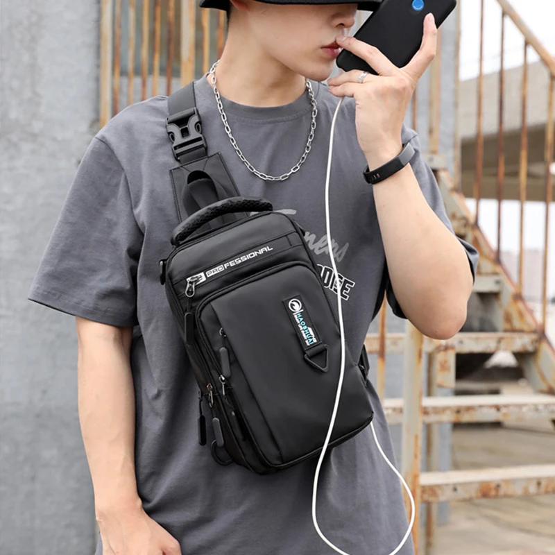 Men Nylon Mini Backpack Shoulder Chest Bag Pack with Charging USB Interface Travel Male Sling Side Messenger Cross Body Bags