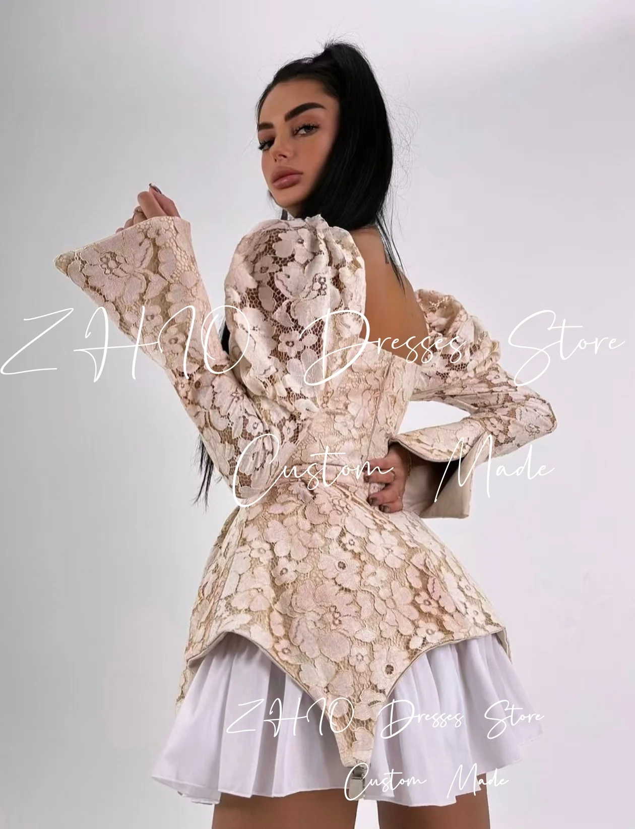 ZHIO فساتين حفلات زفاف صغيرة من الدانتيل العتيق بأكمام طويلة متدرجة للمناسبات الخاصة فساتين احتفال قصيرة فستان حفلات مخصص #2