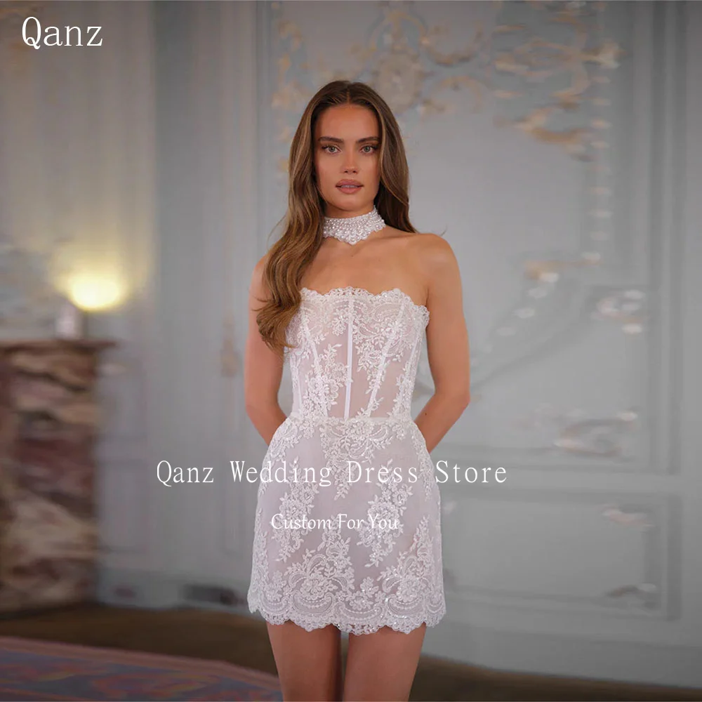 

Qanz Luxury Wedding Dresses Mini Strapless Appliques Mini Vestido De Novia 2025 Lace Up Back Women Bridal Gowns Customized