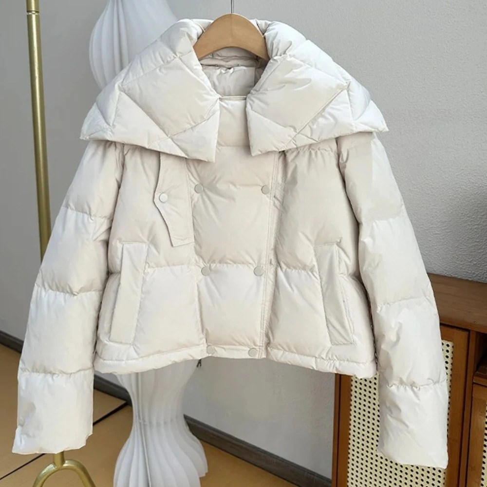 

2025 New Women Short Puffer Jacket Autumn Winter Lightweight White Duck Down Coat Double Breasted Fashion Warm Outerwear Female