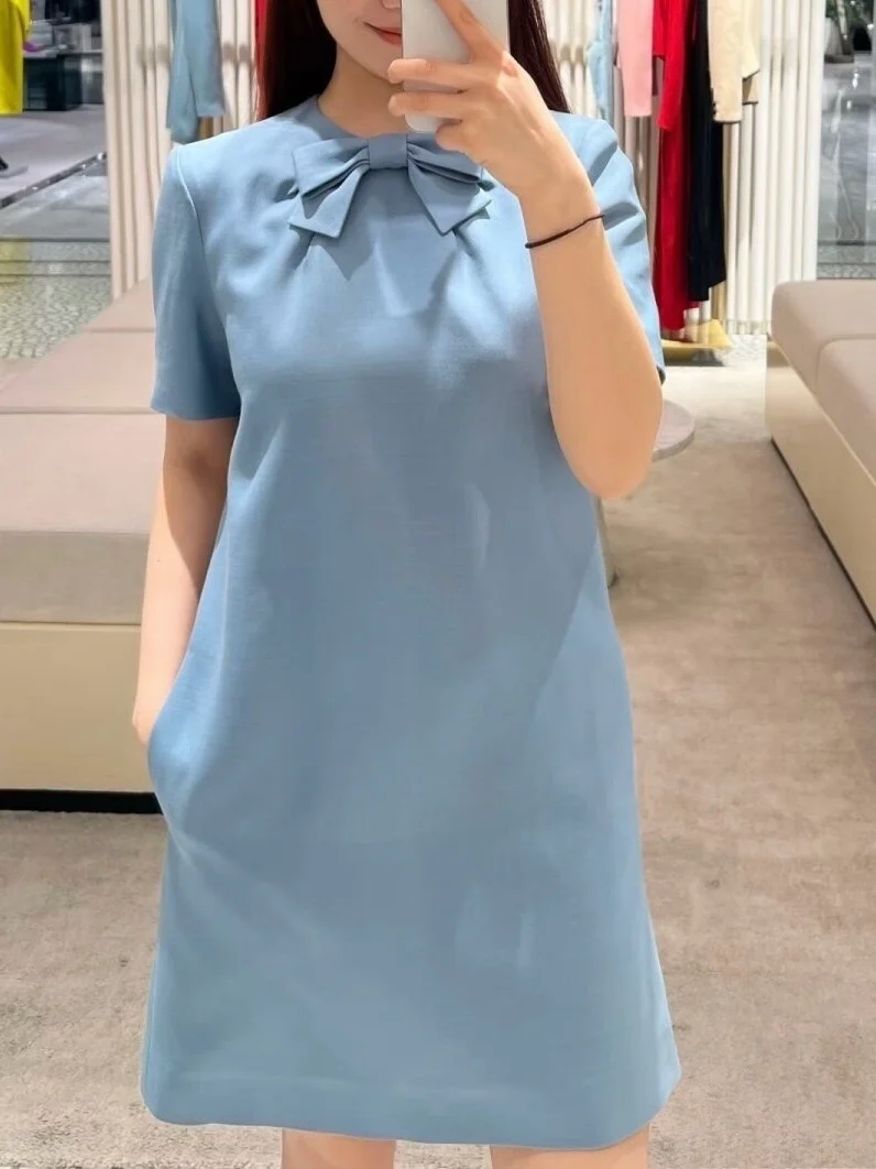 

Summer 2026 Blue A-Line Dress with Knot High Waist Short Sleeve Girls Elegant Lady Style Dress Female Fashionable S...
