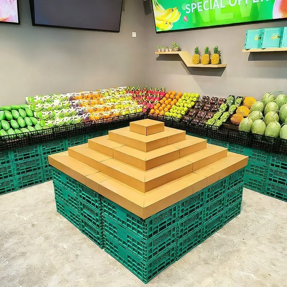 Portable Corrugated Cardboard Step Display Stand 3-Tier Supermarket Fruit Store Island Shelf