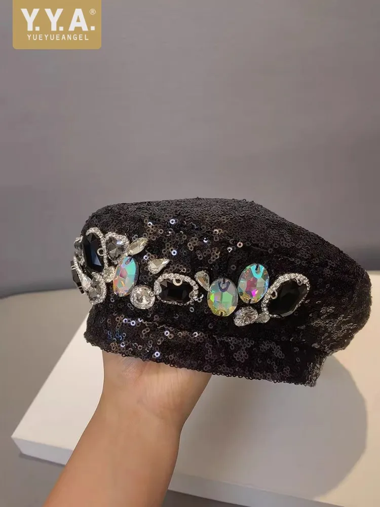 Women Fashion Accessories Diamonds Sequined Black Berets Hat Design Painter Hat Versatile British Style Ladies Beret Hat New