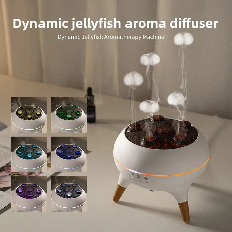 Flame mist ring aromatherapy humidifier, jellyfish dynamic lantern wood grain essential oil porous diffuser aromatherapy machine