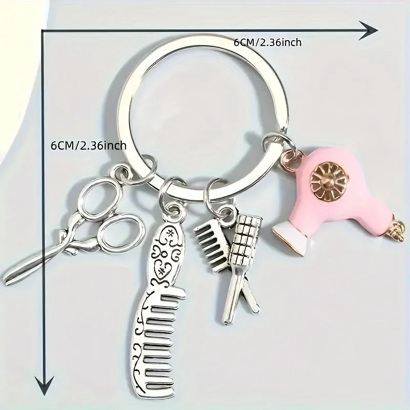 Unisex metal hairstylist keychain with scissors, comb and hair dryer pendant, great bag decor and Mother’s Day gift