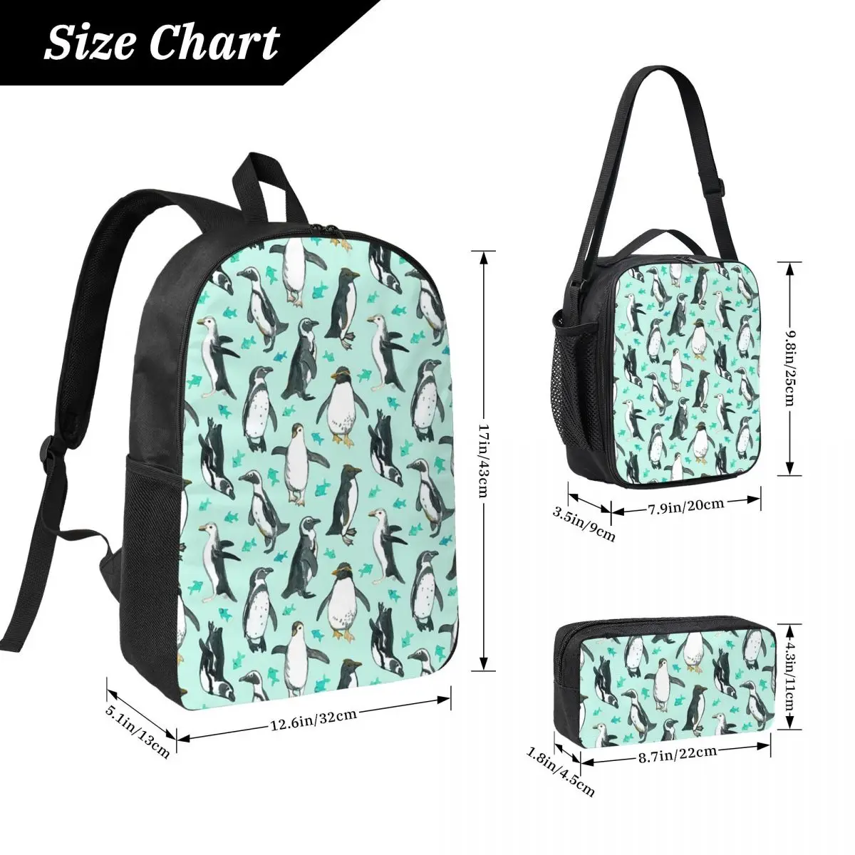 Lots Of Little Penguins On Mint Backpack Student BookBag School Bag Laptop Shoulder Bags 3ps Insulated Lunch Bag Pencil Case