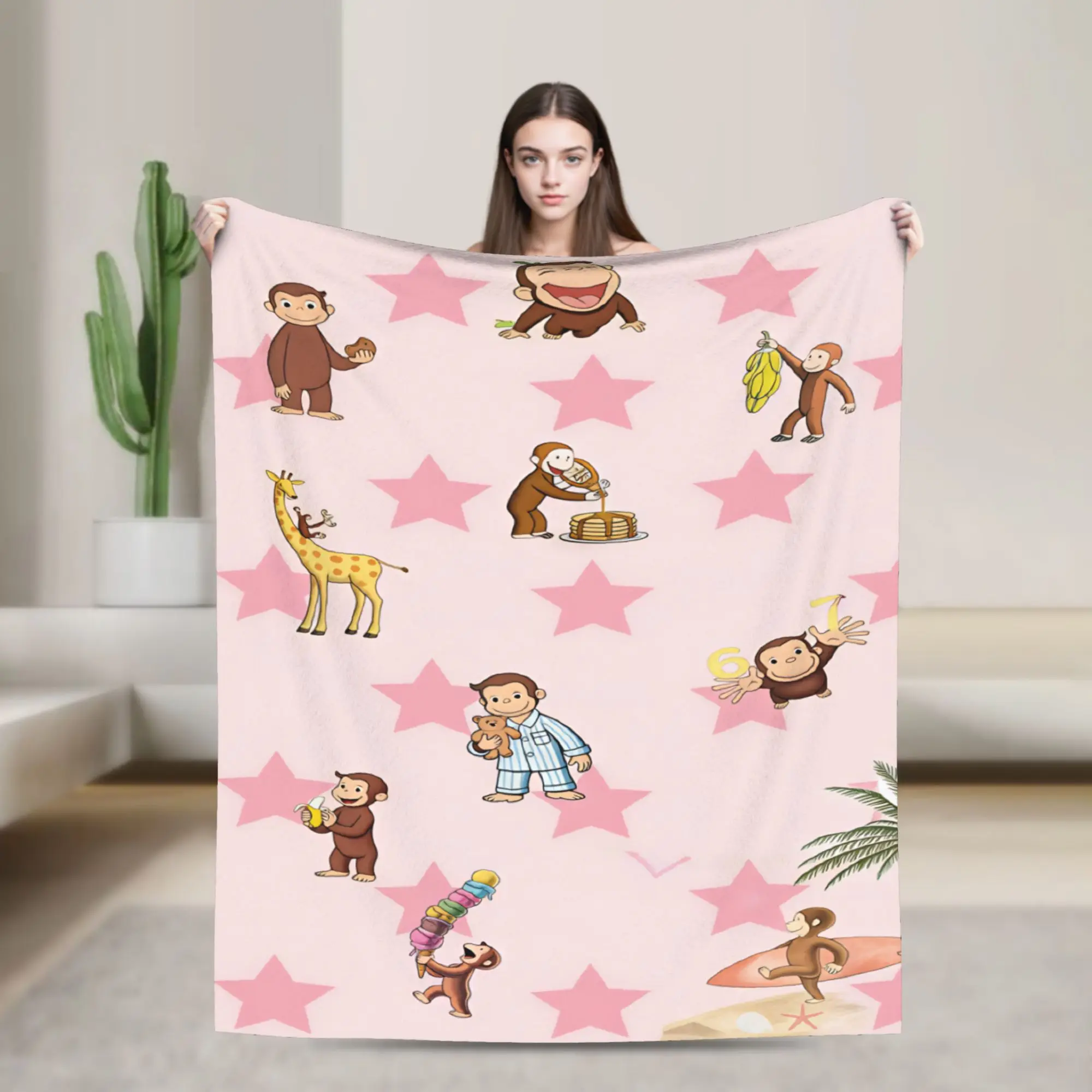 Curious George Pink Star Daily Blanket  Camping Flannel Throw Blanket For Couch Chair Soft Design Quality Bedspread Gift