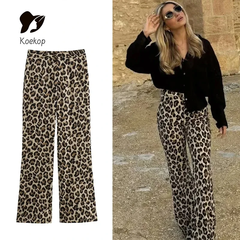 Koekop Woman Streetwear Summer Wide Pants Retro Women\'s Trousers Vintage Leopard Pants Women High Waist Animal Print Baggy Pants