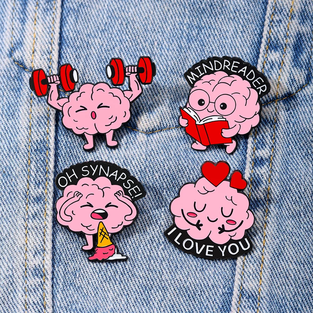 Cartoon Brain Metal Pins, Funny Medical Organ Badges, Alloy Enamel Material, Book/Weightlifting/Heart/Ice cream Shaped Brooches
