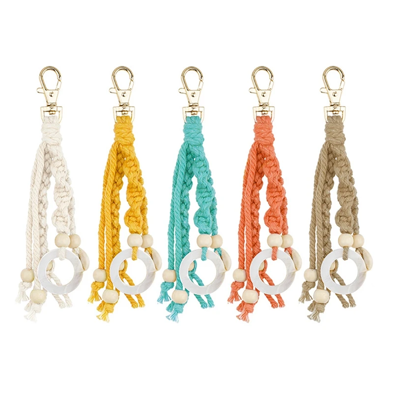 Boho Macrame Keychains With Wood Bead And Seashells, Handmade Accessories Keychain For Purse Keys