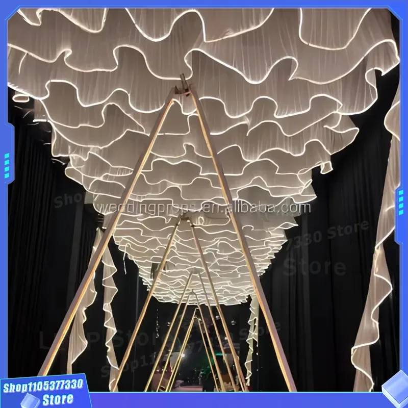 White LED Hanging Lights for Wedding Party Decor Fabric Ceiling Curtains Elegant Illuminated Drapes for Bridal Ceremony Venue