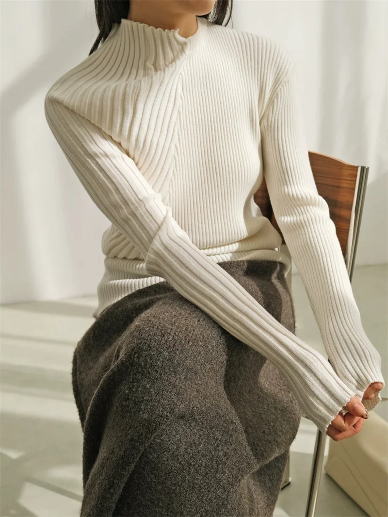 2 Colors Women Irregular Splicing Slim Long-Sleeved Pit Stripes Bottoming Sweater Autumn Pullover