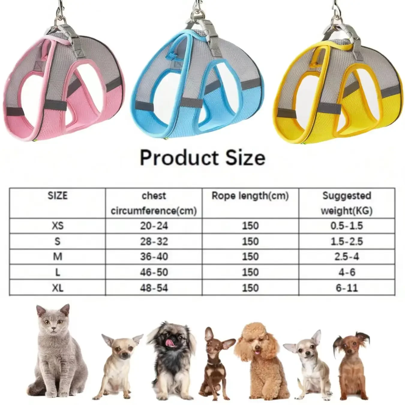  Adjustable Breathable Pet Vest Puppy Cat Harness Leash Set for Small Dogs Cats French Bulldog Chihuahua Walking Lead Leash - view 2