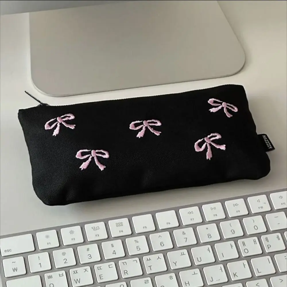 Trendy Canvas Cute Embroidered Bag Lovely Print Bowknot Cosmetics Bag Square Shape Storage Bag