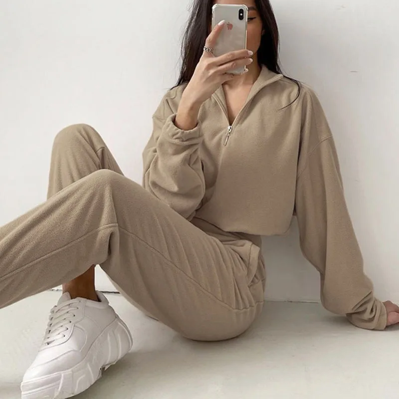 Women Velvet Tracksuit Zipper Collar Sweatshirt Outfit Sweatsuit Set Warm Long Sleeves And Pants 2 Piece Set Harem Trouser Suits