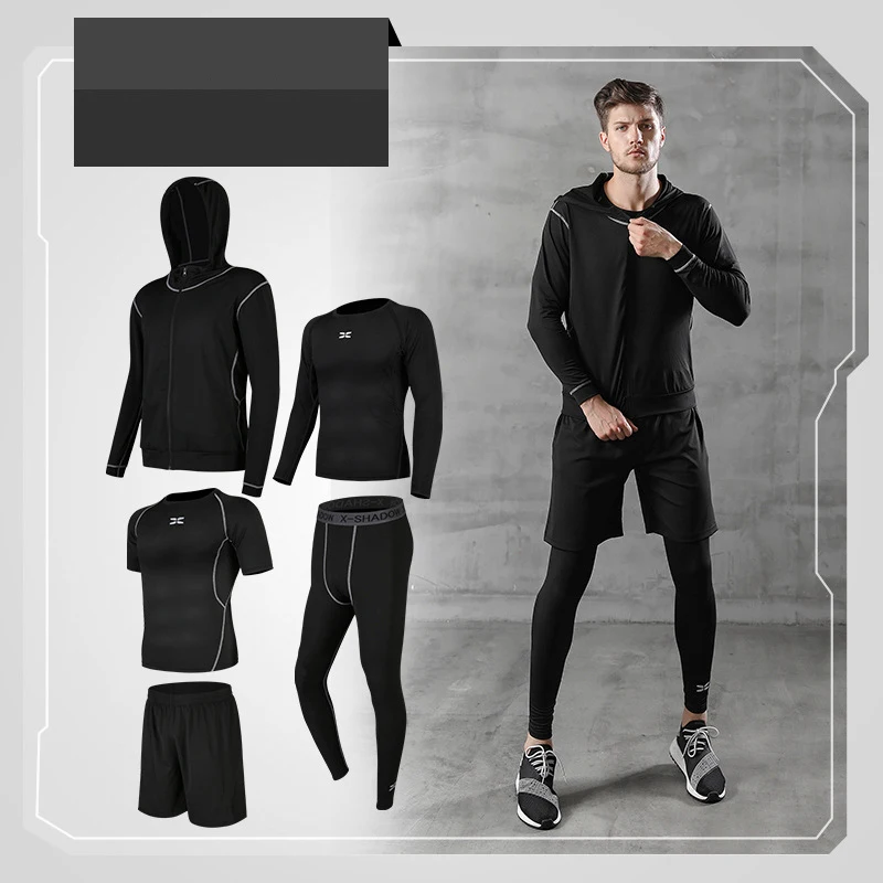 PINGNIAO Gym Breathable Men\'s Fitness 5 Piece Set Classic Black Training Leggings Running Compression Suit Jogging Sleeves